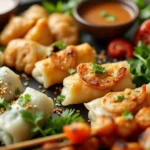 A platter of Popular Asian appetizers, including dumplings, spring rolls, and satay skewers, garnished with herbs and served with dipping sauces
