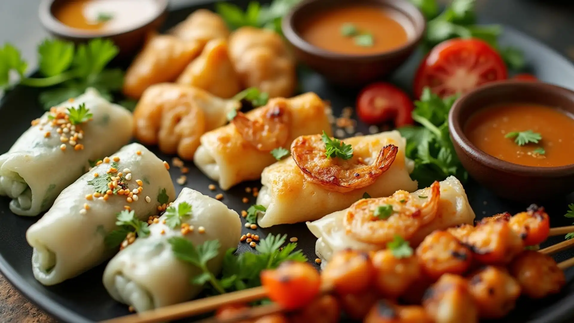 A platter of Popular Asian appetizers, including dumplings, spring rolls, and satay skewers, garnished with herbs and served with dipping sauces